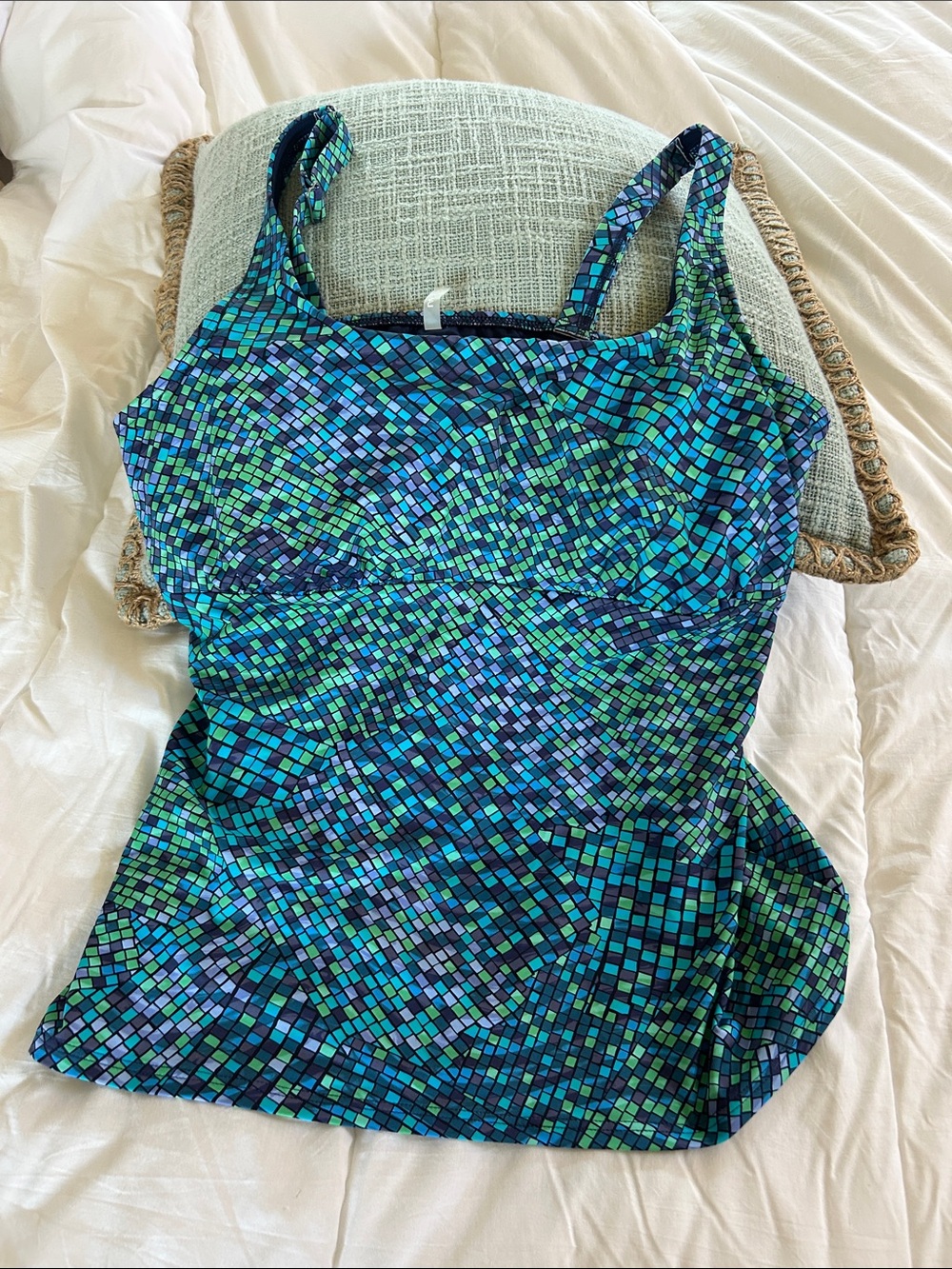 Lands' End Green and Blue Mosaic Tankini Top with Support
